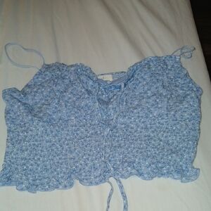 Blue and White Ruffled Crop Top with Tie Front